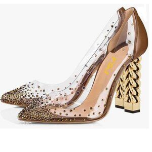 FSJ Brown Golden Block High Heel Clear Pump Pointed Toe Slip On Dress Shoes